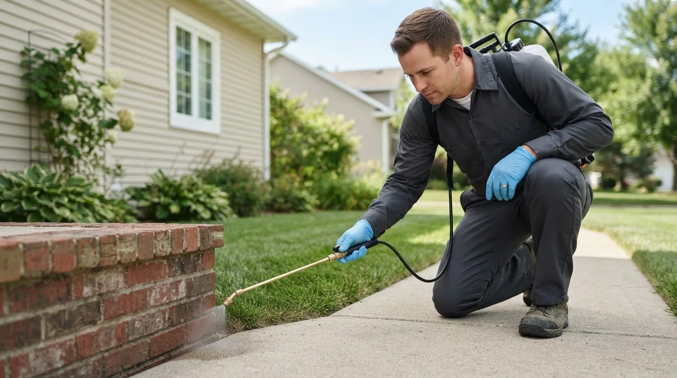 Pest control technician treating a home near Brookland, AR